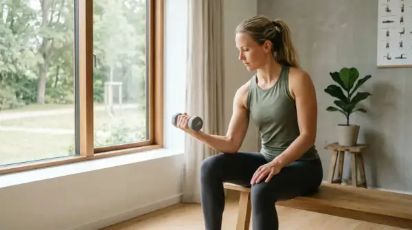 Kvinna tränar biceps med hantel, hoppas hon inte får ont i armbågen gym.