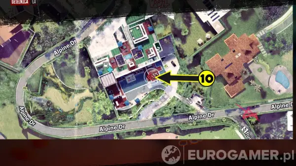 Mapa z gry Dead Island 2. Czysta kradzież! Wskazuje cel misji na posiadłości przy Alpine Dr.