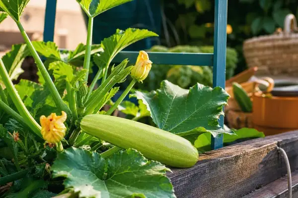 Reife Zucchini liegt auf einem Holzbeet. Gelbe Blüten und grüne Blätter umgeben sie. Perfekt, wann zucchini ernten!