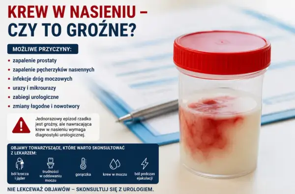 Pojemnik z próbką nasienia z widoczną krwią. Informacje o przyczynach i objawach krwi w spermie.