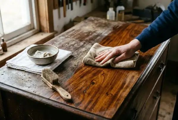 Main d'une personne essuyant un meuble en bois avec un chiffon, montrant comment dégraisser du bois. Une brosse et un bol d'eau sont à proximité.