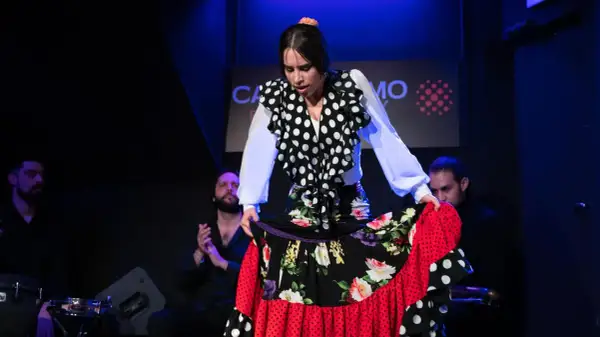 Bailaora de flamenco con falda voluminosa, mostrando la pasión de la bulería. Músicos la acompañan.