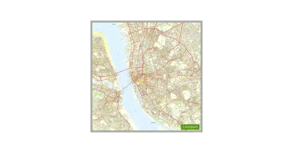 Mapa drogowa miasta, pokazująca rzekę i sieć ulic. Widać napis "Liverpool", co odpowiada na pytanie: gdzie jest Liverpool.