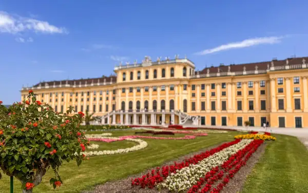 Wiedeń atrakcje: Pałac Schönbrunn z barwnymi rabatami kwiatowymi i zielonymi trawnikami.