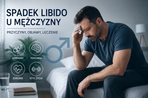 Mężczyzna zmartwiony spadkiem libido. Obraz przedstawia czynniki wpływające na popęd seksualny: hormony, psychikę, zdrowie i styl życia. Dowiedz się, jak sprawdzić poziom libido.