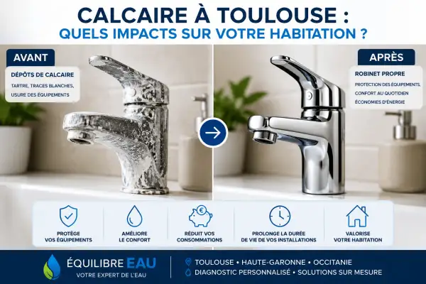Robinet entartré avant, propre après. L'eau calcaire, un danger pour votre habitation, cause usure et traces.