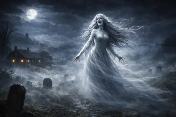 Spettro etereo in un cimitero nebbioso, con una casa illuminata sullo sfondo. Un'immagine che evoca il folclore oscuro e le leggende spettrali.