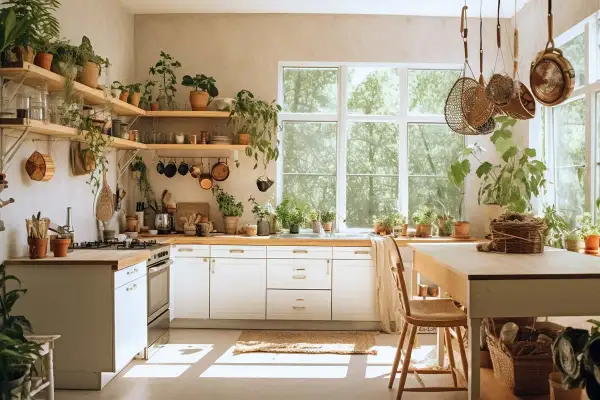 Jasna kuchnia boho z mnóstwem roślin doniczkowych, drewnianymi półkami i wiklinowymi akcentami. Słońce wpada przez duże okno, tworząc ciepłą atmosferę.