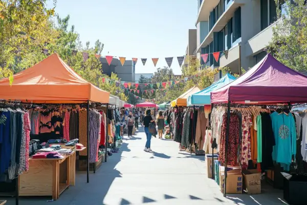 Un animado mercadillo zaragoza domingos con puestos de ropa colorida bajo toldos. Gente pasea entre las tiendas.