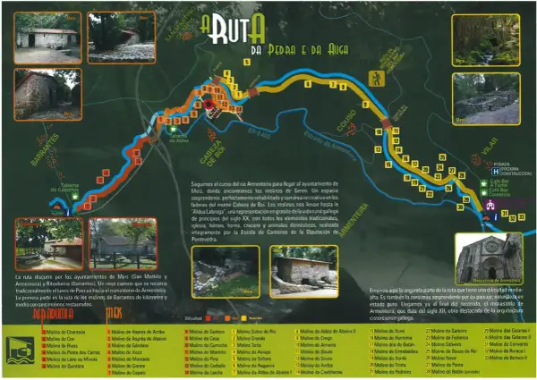 Mapa de la Ruta da Pedra e da Auga, con senderos, molinos y puntos de interés. Destaca la "pedra da auga" en el título.