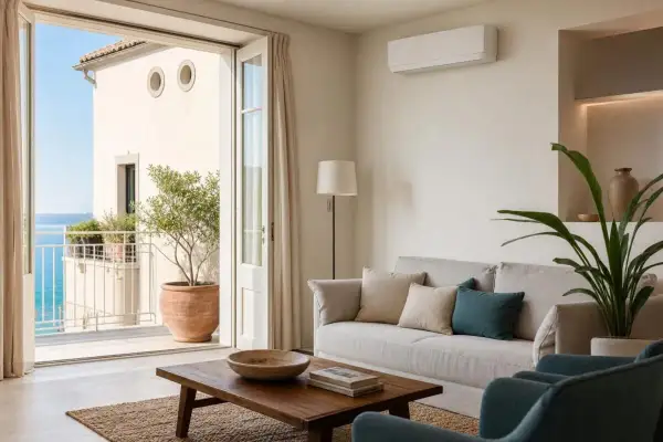 Soggiorno moderno con vista mare. Climatizzatori senza motore esterno per un comfort discreto. Divano, tavolino e piante creano un'atmosfera rilassante.