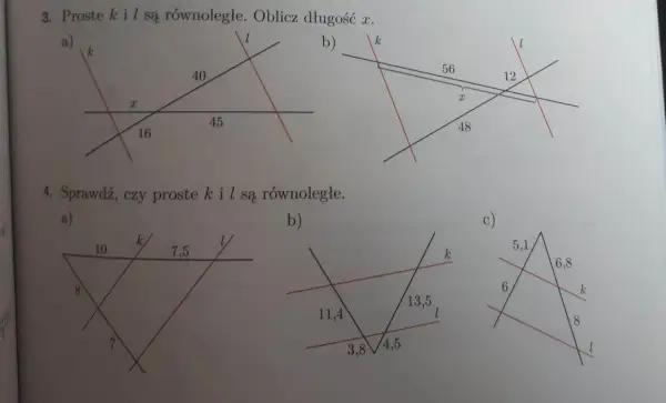 Rysunki geometryczne z zadaniami dotyczącymi prostych równoległych i ich długości.