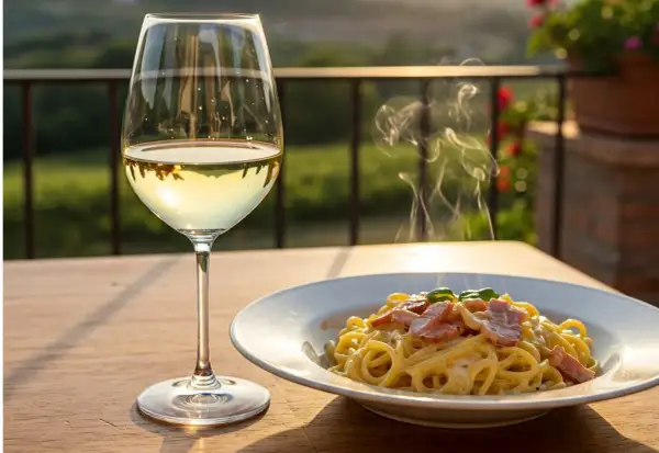 Aromatyczne spaghetti carbonara paruje obok kieliszka schłodzonego, złocistego **białego wina** na drewnianym stole.