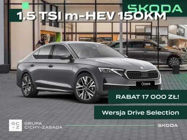 Szara Skoda Octavia 1.5 TSI m-HEV 150KM w wersji Drive Selection, z rabatem 17 000 zł. Idealna na szerokiej drogi.