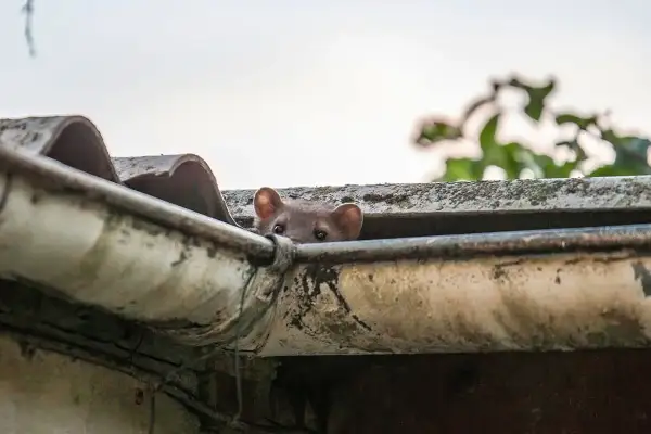 Ein Marder lugt neugierig aus der Dachrinne. So kommen Marder aufs Dach: Sie klettern geschickt an Fassaden und Bäumen hoch.