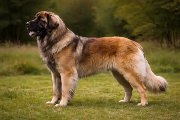 Ein majestätischer Leonberger steht auf einer grünen Wiese. Sein sanftes Leonberger Temperament spiegelt sich in seiner ruhigen Haltung wider.
