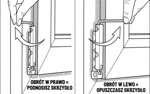 Instrukcja regulacji okien na zimę: obrót kluczem w prawo podnosi skrzydło, w lewo opuszcza.