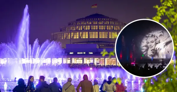 Wrocławska fontanna multimedialna zachwyca pokazem z Marilyn Monroe. Tłumy widzów oglądają wodne widowisko.
