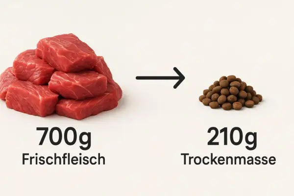 700g Frischfleisch ergeben 210g Trockenmasse. Hunde brauchen Fleisch für eine ausgewogene Ernährung.