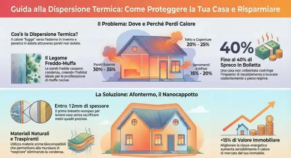 Guida alla dispersione termica: la formula per capire dove perdi calore e come risparmiare. Illustra le perdite da pareti, tetto e infissi.