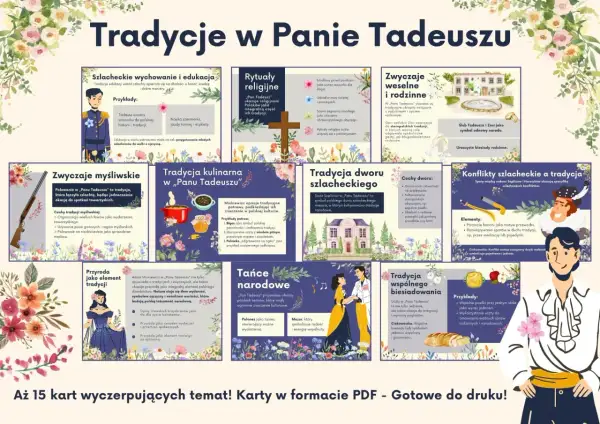 Szlacheckie tradycje w Panu Tadeuszu: edukacja, polowania, tańce, obyczaje dworskie i rodzinne, kulinaria, religia, przyroda i konflikty.
