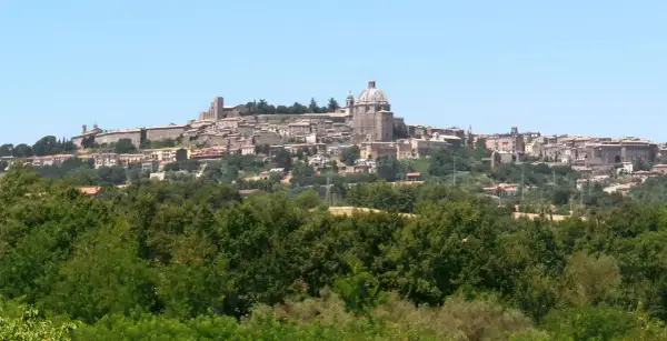 Vista panoramica di Montefiascone, con il suo imponente centro storico arroccato su una collina, che domina il paesaggio verso il lago di Bolsena.