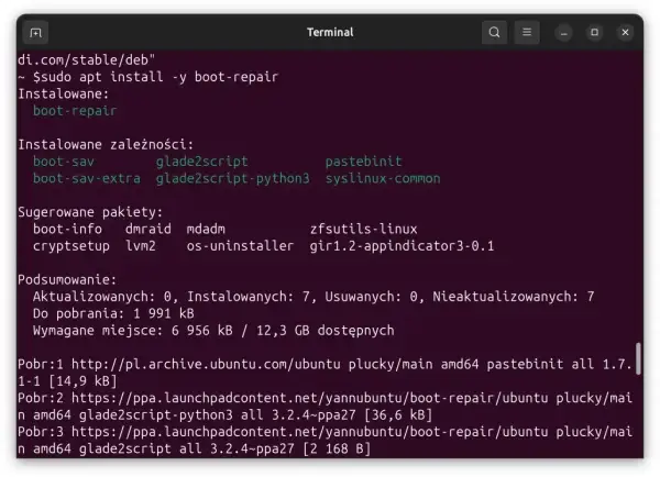 Instalacja pakietu boot-repair w terminalu Ubuntu. Wymaga on m.in. boot-sav i glade2script.