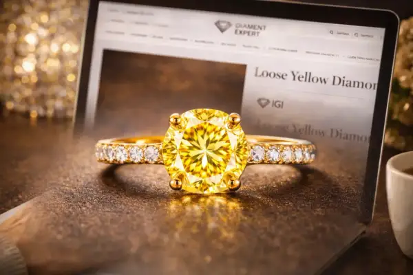 Złoty pierścionek z olśniewającym, żółtym diamentem i brylantami. Na ekranie laptopa widnieje napis "Loose Yellow Diamond".