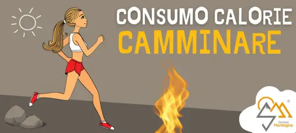 Donna corre sotto il sole, simbolo di calorie bruciate camminando. Fiamme indicano il consumo energetico.