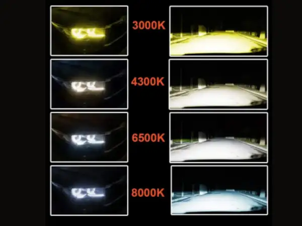 Comparativa de tipos de bombillas de coche: amarillas (3000K), blancas cálidas (4300K), blancas frías (6500K) y azuladas (8000K).