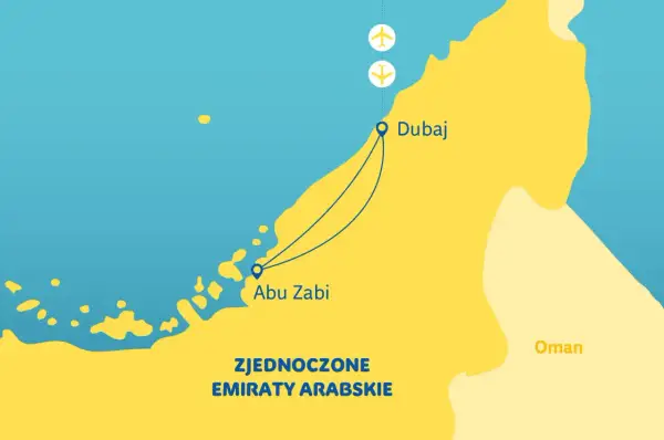 Mapa Zjednoczonych Emiratów Arabskich z zaznaczonym Dubajem i Abu Zabi. Dwa samoloty symbolizują podróż.