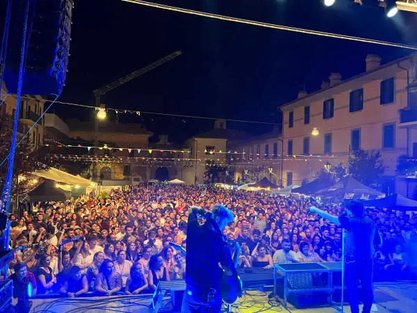 Folla immensa a una festa del luppolo, con musicisti sul palco che intrattengono il pubblico sotto un cielo stellato.