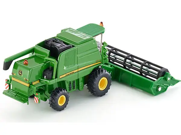 Zielony kombajn John Deere, model siku, gotowy do żniw.