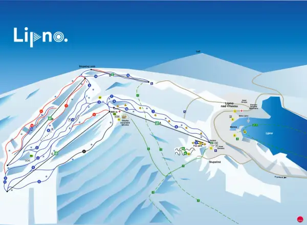 Übersichtskarte des Lipno Skigebiets mit Pisten, Liften und Orten wie Lipno nad Vltavou.