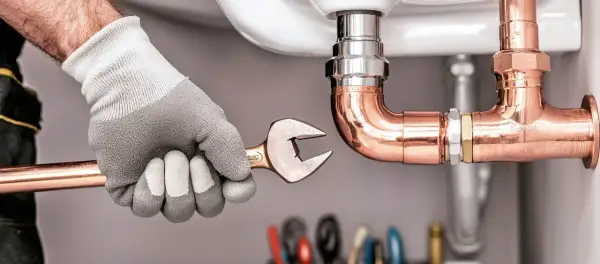Hand mit Handschuh und Schraubenschlüssel arbeitet an Kupferrohren. Ein Projekt zur wasserleitung selbst verlegen wird hier gezeigt.