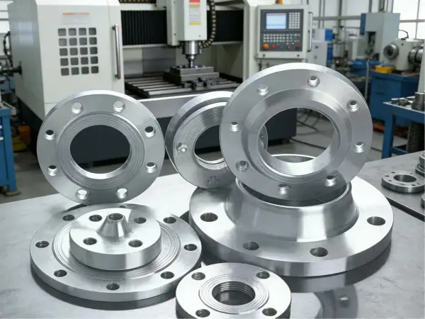 Metalowe kołnierze, gotowe do montażu, leżą na stole warsztatowym obok maszyny CNC.
