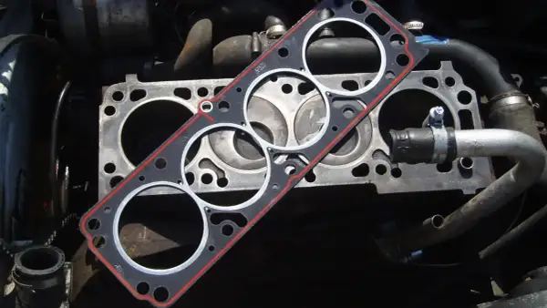 Nueva junta de culata lista para cambiar la vieja. El motor está desarmado, esperando la reparación.