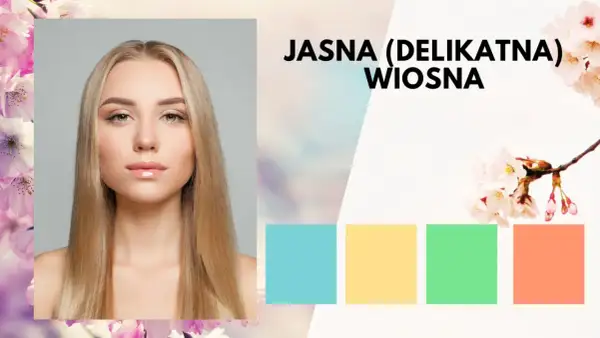 Jasna (delikatna) wiosna: młoda kobieta o jasnych włosach i subtelnej urodzie, otoczona pastelowymi barwami i kwitnącymi kwiatami.