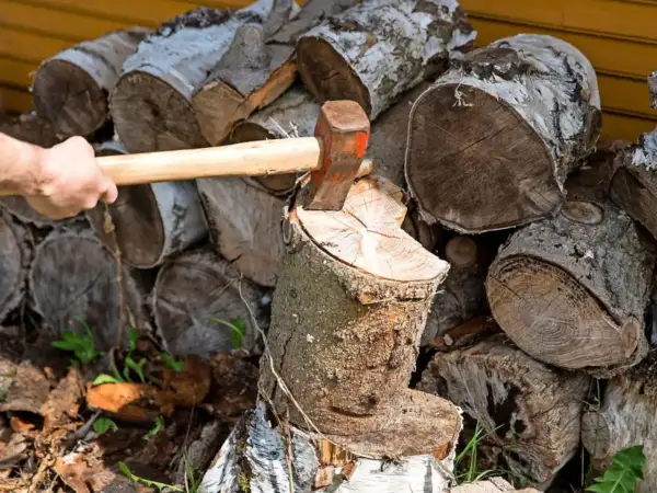 Holz spalten mit Axt. Auch wenn es nass wird, darf Brennholz so gelagert werden, bis es trocken ist.