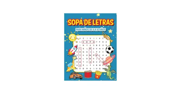 Divertida sopa de letras para niños de 6 a 10 años, con dibujos de cohete, sol, balón y más. ¡A buscar palabras!