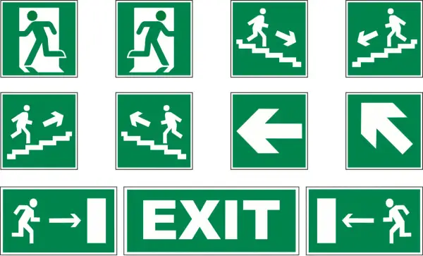 Znaki ewakuacyjne ISO 7010: wyjście, schody w dół/górę, kierunek ewakuacji.