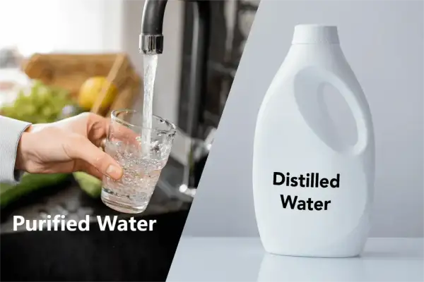 Comparaison visuelle : eau du robinet purifiée dans un verre et une bouteille d'eau distillée. Comprendre la différence entre eau déminéralisée et eau distillée.