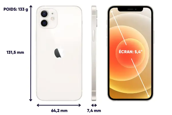 Vue de face, de côté et de dos d'un iPhone 12 mini blanc, affichant ses dimensions : 131,5 mm de hauteur, 64,2 mm de largeur, 7,4 mm d'épaisseur et un écran de 5,4".