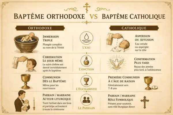 Comparaison des rites du baptême orthodoxe et catholique. Un témoin de baptême est présent dans les deux traditions.