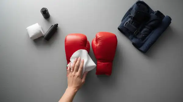 A hand wipes red boxing gloves with a white cloth. Beside them are cleaning supplies and a folded towel with a navy jacket. Don't put boxing gloves in the washing machine; clean them by hand.