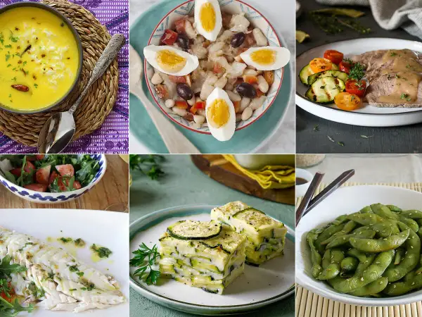 Platos saludables y variados, ideales para un coach de nutrición. Sopa de arroz, ensalada de legumbres, carne con verduras, pescado, lasaña de calabacín y edamame.