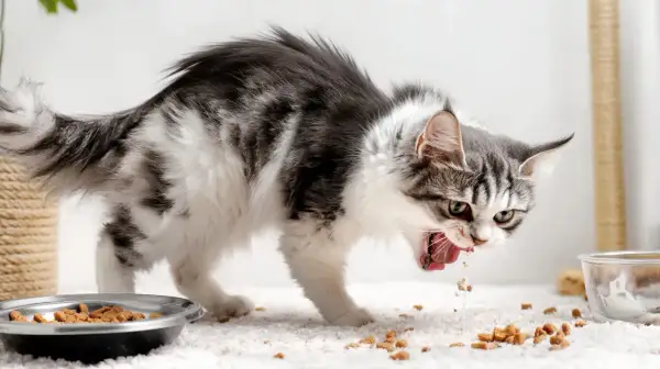 Gato comiendo con avidez, quizás buscando la valeriana para gatos que le da energía.