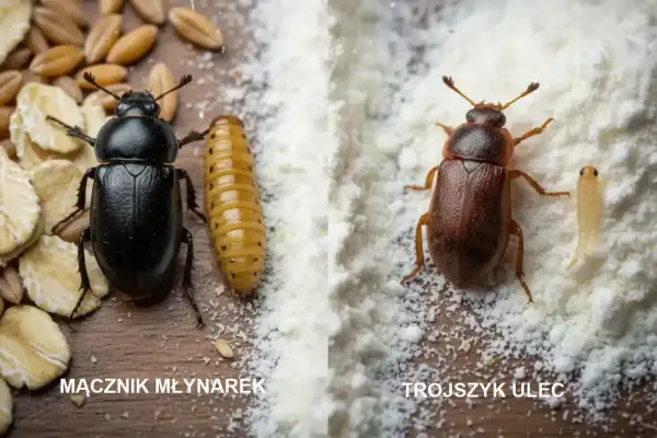 Czarny chrząszcz i jego larwa, mącznik młynarek, obok płatków owsianych. Po prawej stronie brązowy chrząszcz i jego larwa w mące.