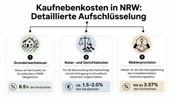Kaufnebenkosten in NRW: Grunderwerbsteuer (6,5%), Notar-/Gerichtskosten (1,5-2%) und Maklerprovision (bis 3,57%).