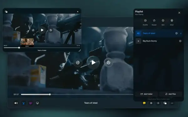A user is watching "Tears of Steel" on 5KPlayer, a media player that appears safe and user-friendly, with a playlist visible.